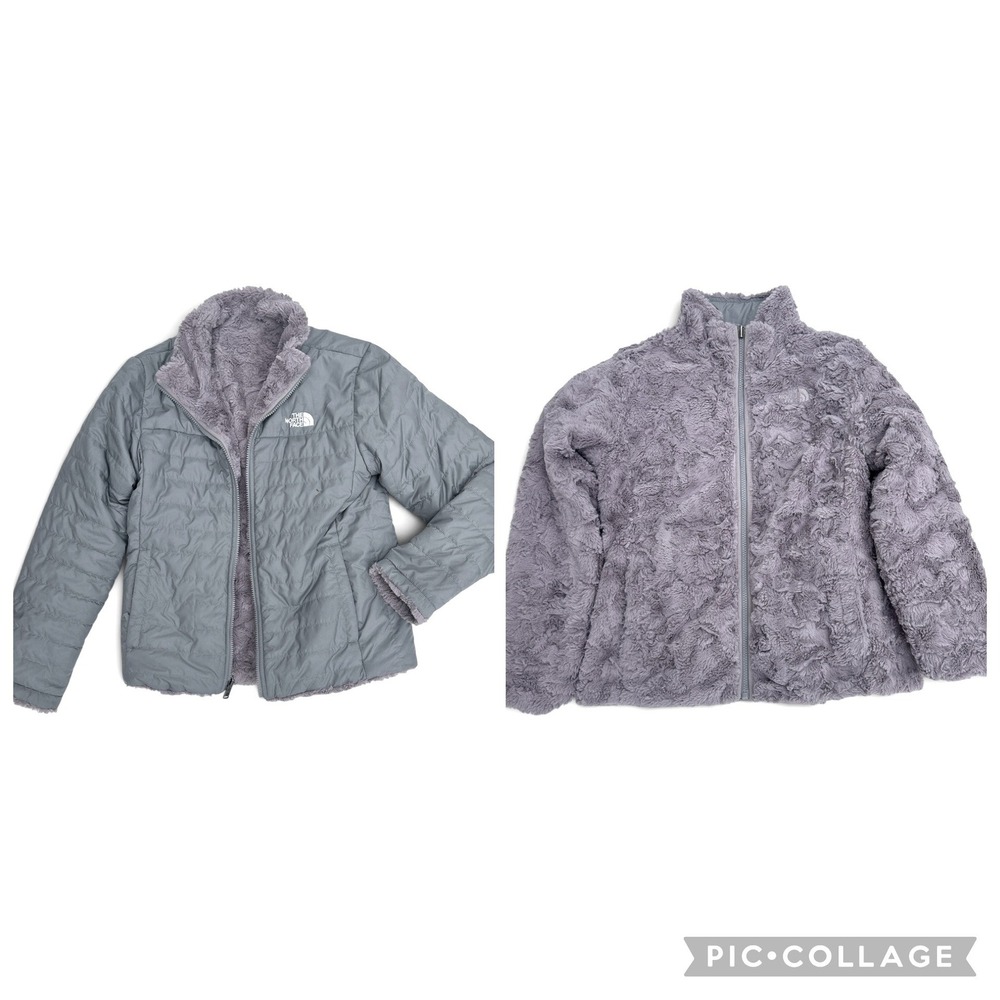 The North Face Girls Reversible Mossbud Swirl Jacket Grey L 14/16 Fleece Quilted